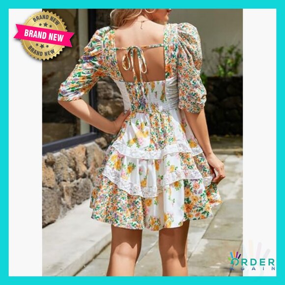 V-Neck Puff Sleeve Mini Dress Flowy Fit & Flare Sundress Retro Chic - Picture 3 of 6